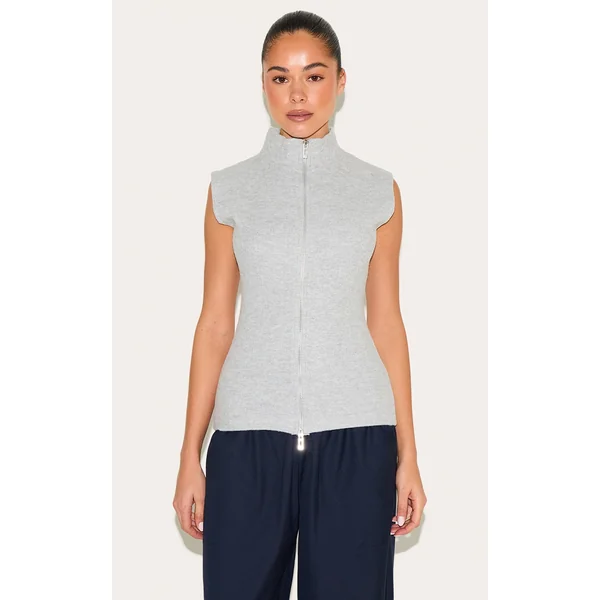 Grey Soft Touch Dual Zip Sleeveless Top