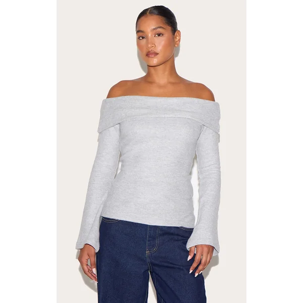 Grey Soft Touch Foldover Bardot Top