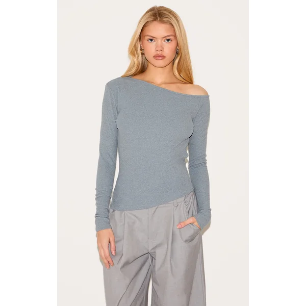 Grey Soft Touch Rib Asymmetric Long Sleeve Top