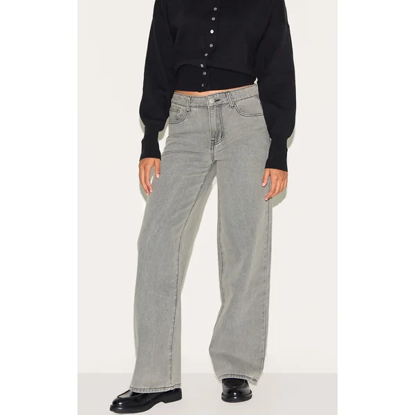 Grey Stone Washed Mid Rise Straight Leg Jeans