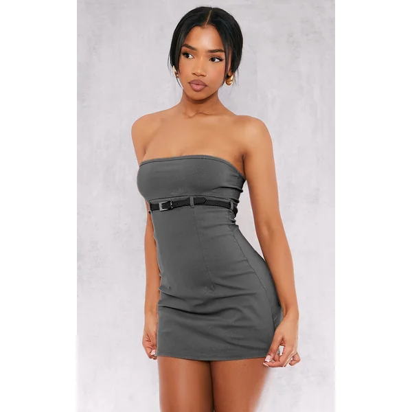 Grey Stretch Woven Belt Front Skort Romper