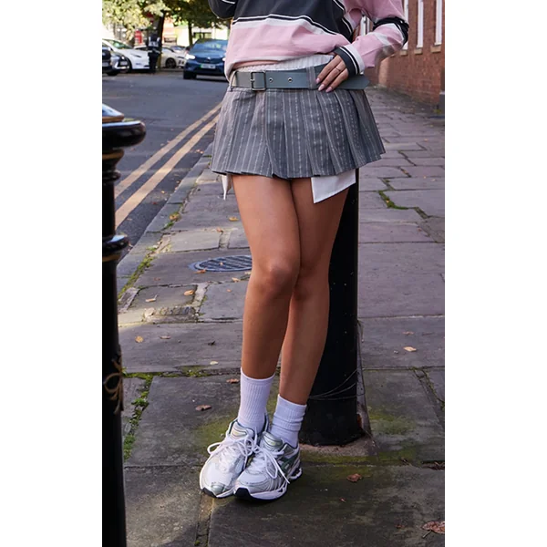 Grey Stripe Pleated Belt Detail Mini Skirt
