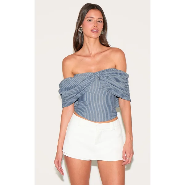 Grey Striped Cotton Twist Detail Bardot Top