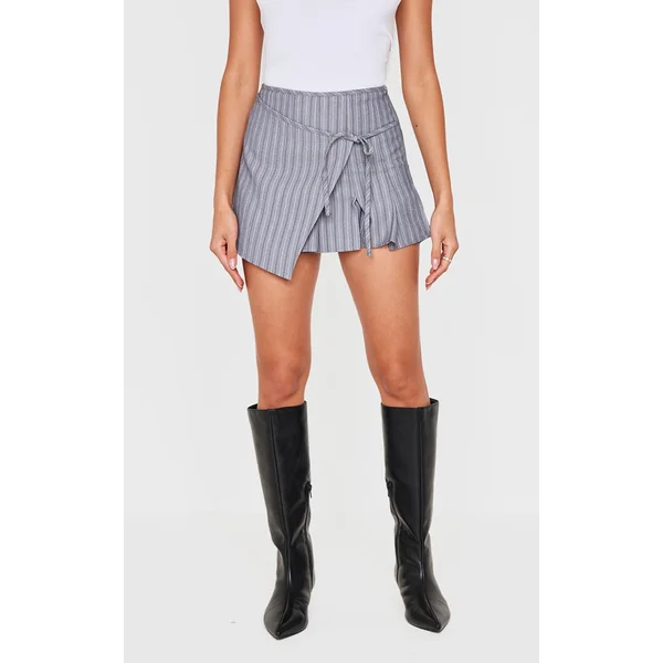 Grey Striped Wrap Tie Detail Pleated Skirt