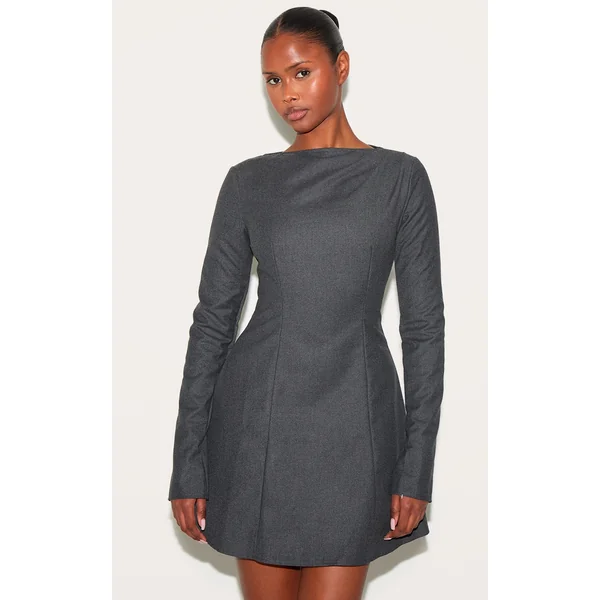 Grey Structured Woven Boat Neck Shift Dress