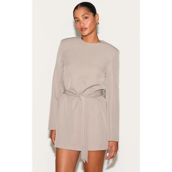 Grey Tailored Belt Detail Long Sleeve Shift Dress