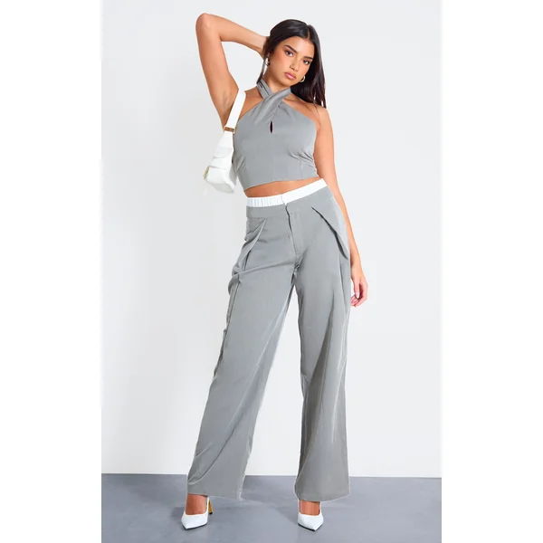 Grey Tailored Boxer Detail Straight Leg Pants