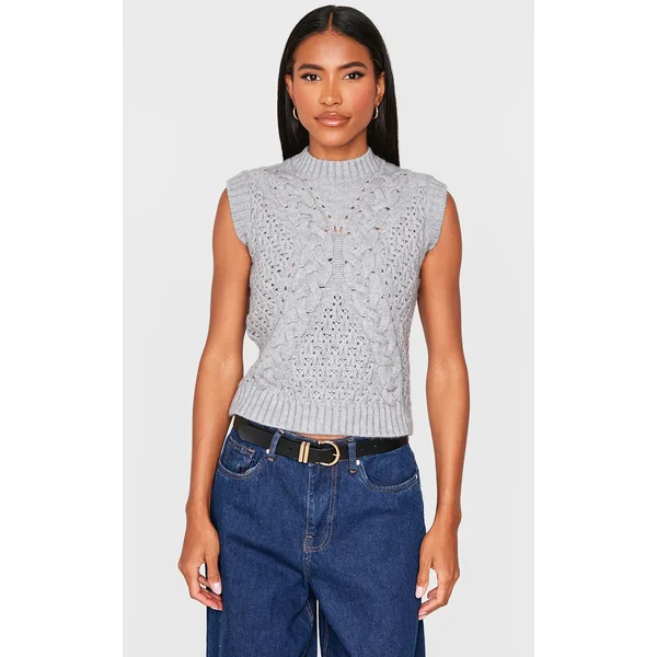 Grey Textured Cable Knit Sweater Vest