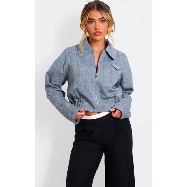 Grey Textured Collar Detail Cropped Bomber Jacket