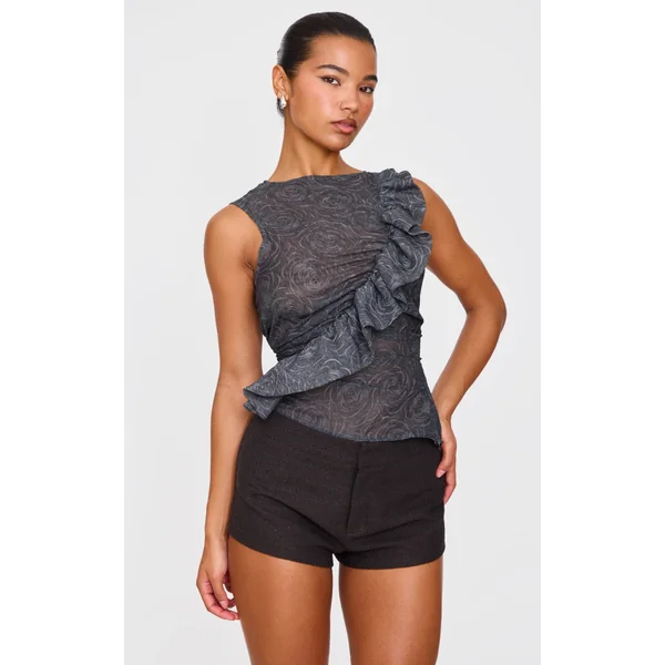 Grey Textured Fitted Chiffon Ruffle Detail Long Top