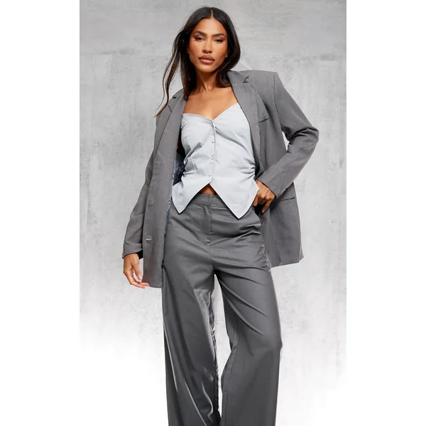 Grey Textured Look Shoulder Padded Oversized Blazer