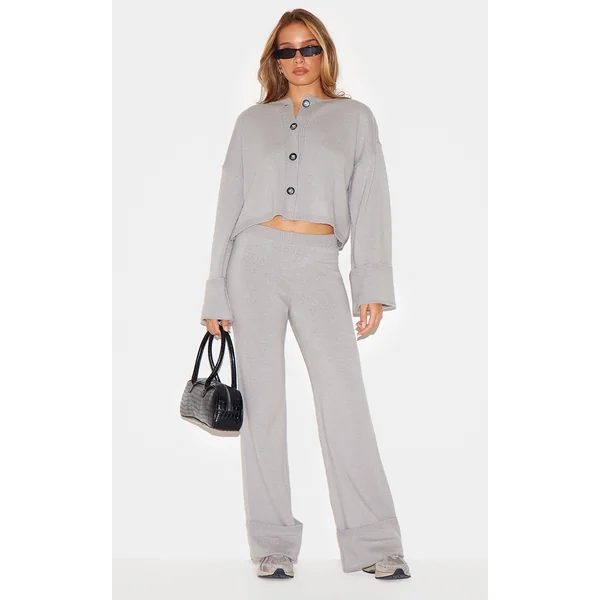 Grey Turn Up Hem Knit Pants