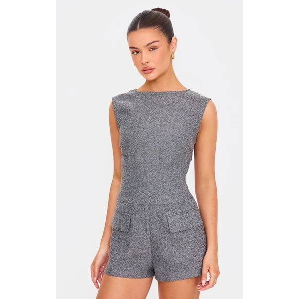 Grey Tweed Sleeveless Pocket Detail Romper