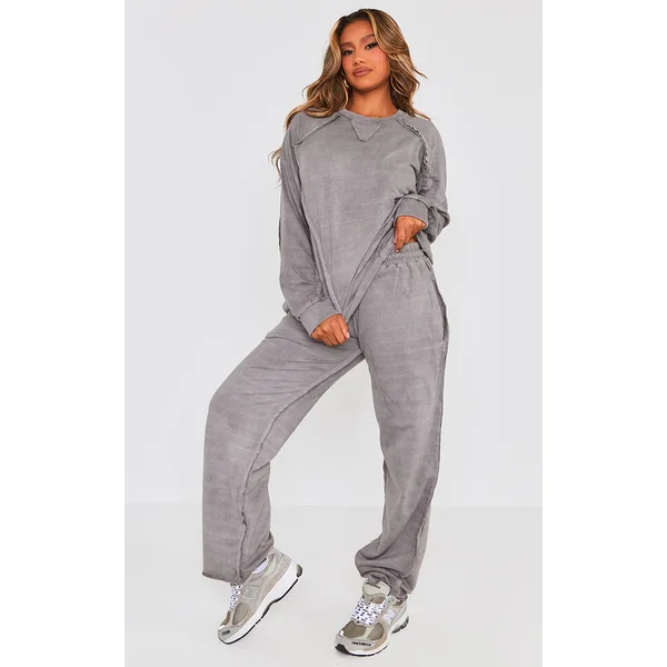 Grey Washed Oversized Raw Edge Seam Detail Wide Leg Sweatpants