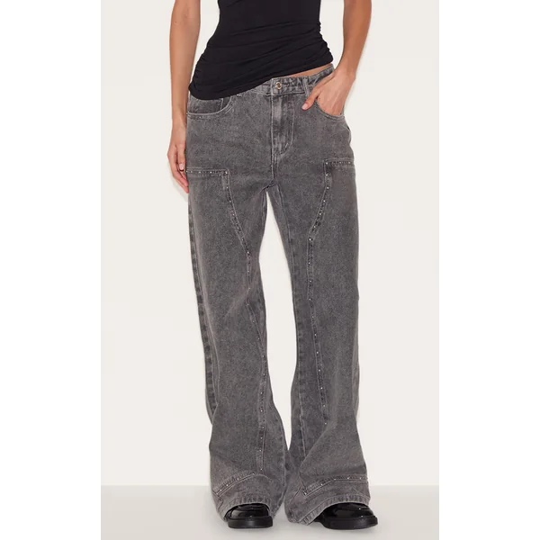 Grey Western Panel Stud Detail Wide Leg Jeans