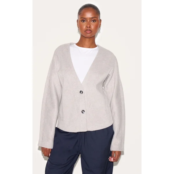 Grey Wool Look Button Up V Neck Jacket