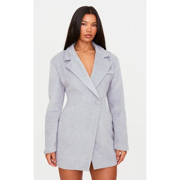 Grey Wool Look Cinched Waist Blazer Dress