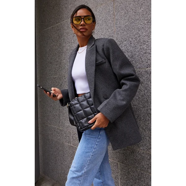 Grey Wool Look Double Breasted Blazer