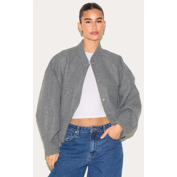 Grey Wool Look Longline Bomber Jacket