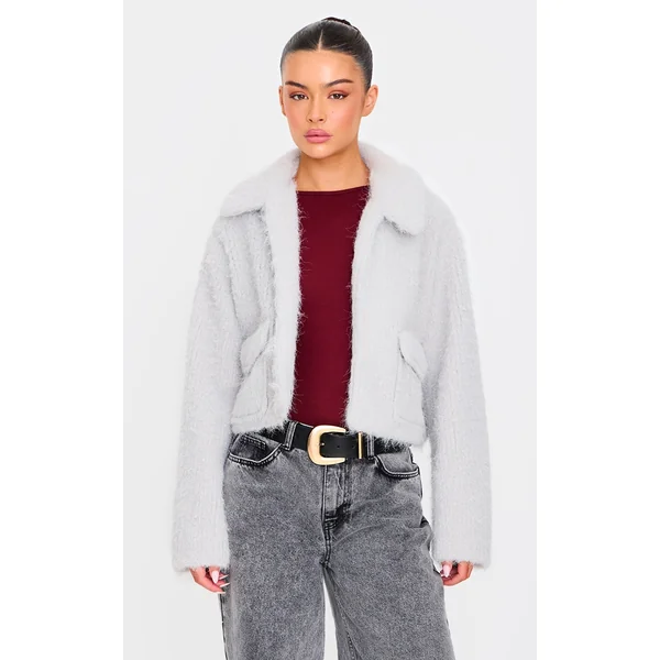 Grey Wool Look Pocket Detail Zip Up Jacket