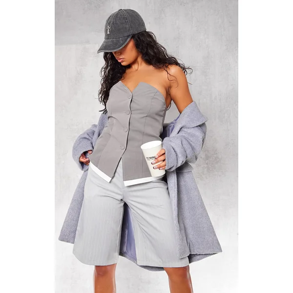 Grey Woven Bandeau Button Up Vest
