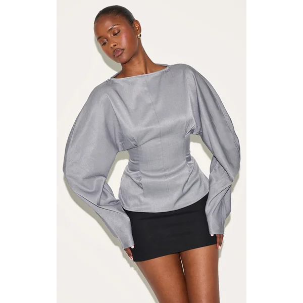 Grey Woven Boatneck Fitted Blouse