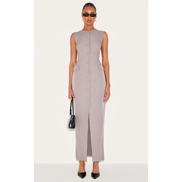 Grey Woven Button Maxi Dress