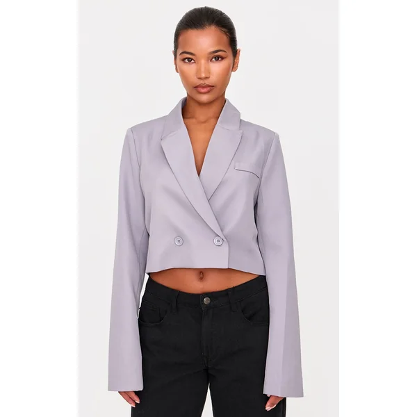 Grey Woven Cropped Shoulder Padded Blazer