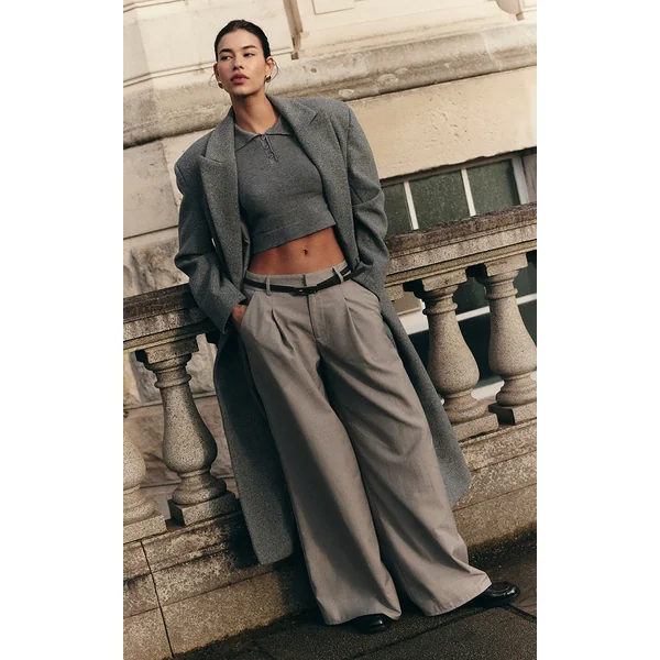 Grey Woven Double Pleat Wide Leg Pants