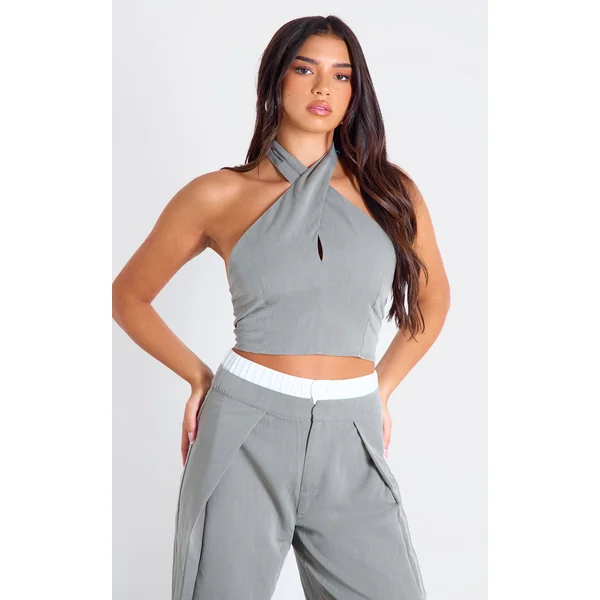 Grey Woven Key Hole Detail Halterneck Top
