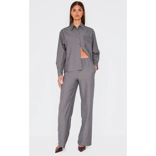 Grey Woven Pinstripe Detail Wide Leg Pants
