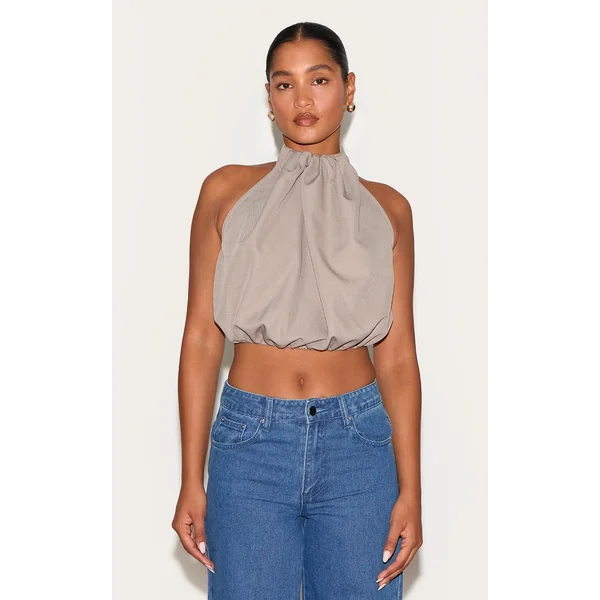 Grey Woven Ruched Halterneck Top
