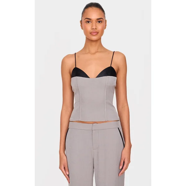 Grey Woven Tailored Satin Bust Contrast Cami Top