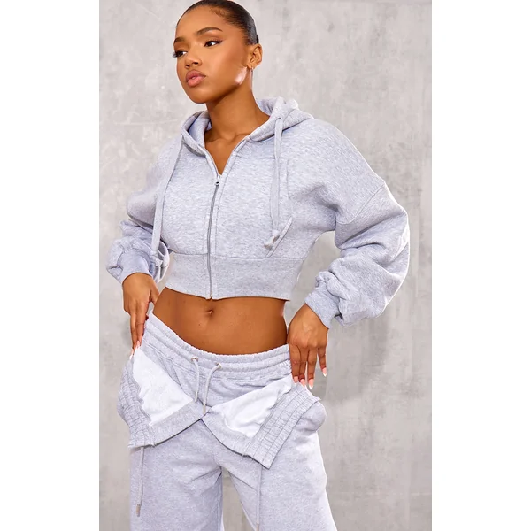 Grey Zip Up Pocket Detail Cropped Hoodie