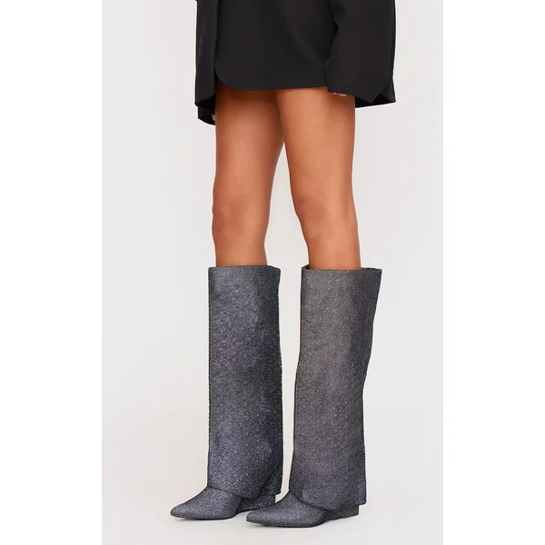 Gunmetal Diamante Point Toe Fold Over Wedged Knee High Boots