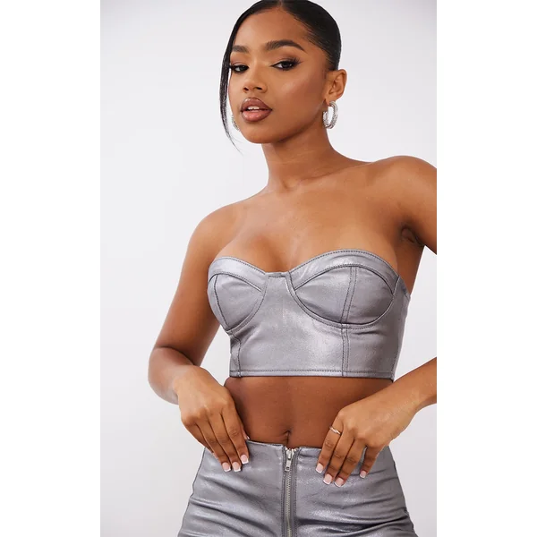 Gunmetal Metallic Look Coated Denim Bandeau Top