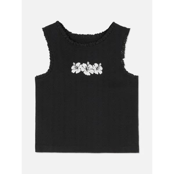 Hibiscus Flower Embroidered Pointelle Tank - Black