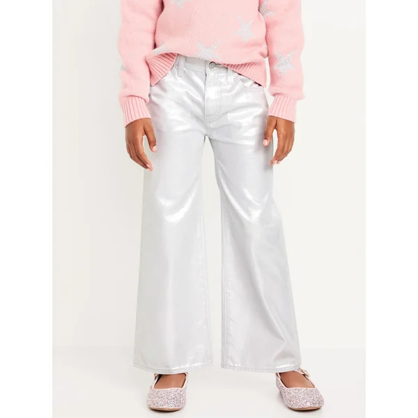 High-Waisted Baggy Silver Shine Wide-Leg Jeans for Girls - Silver
