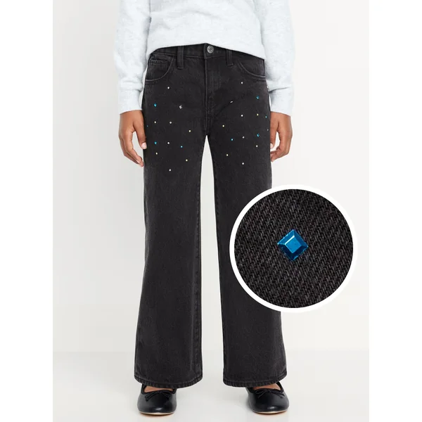 High-Waisted Baggy Studded Flare-Leg Jeans for Girls - Black Studded