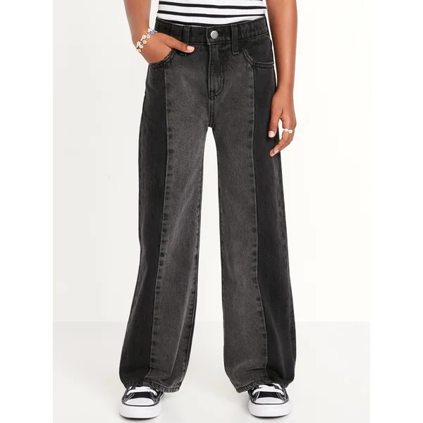 High-Waisted Baggy Two-Tone Wide-Leg Jeans for Girls - Black Two-Tone