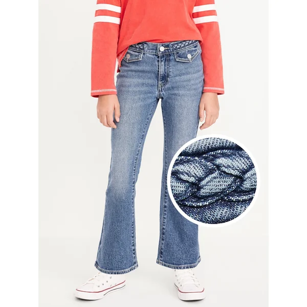 High-Waisted Braided-Waist Flare Jeans for Girls - Medium Wash