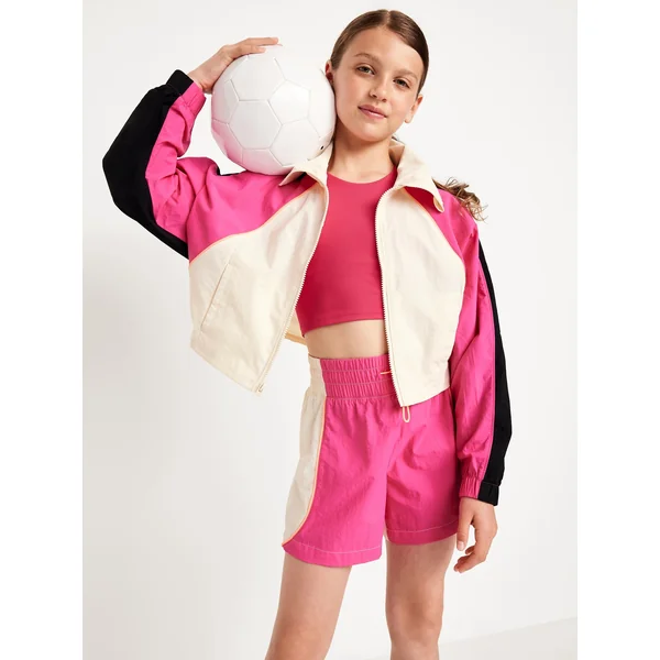 High-Waisted Color-Block Performance Shorts for Girls - Cyber Pink Neon