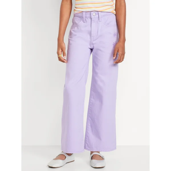 High-Waisted Embroidered Baggy Wide-Leg Jeans for Girls - Lavender Haven