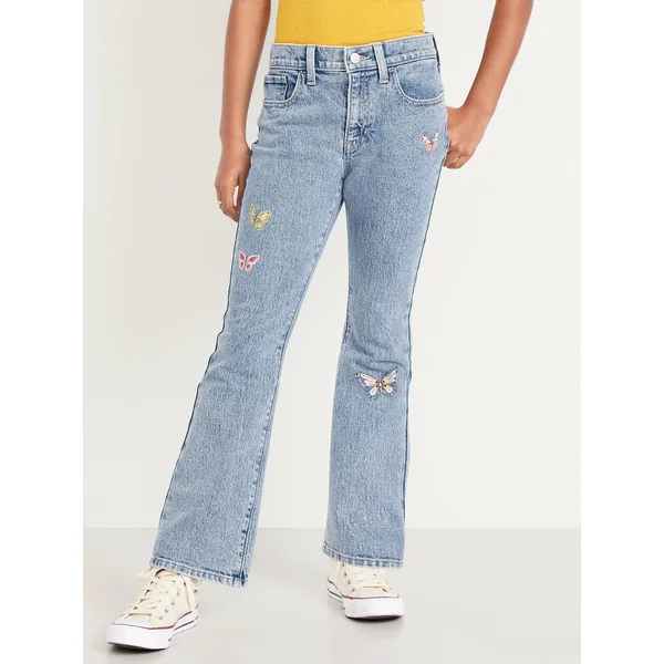 High-Waisted Embroidered Flare-Leg Jeans for Girls - Light Wash (Butterfly Embroidery)