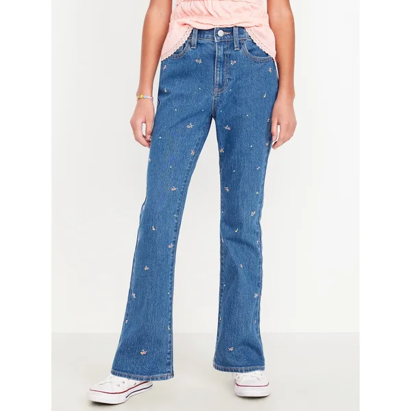 High-Waisted Embroidered Flare-Leg Jeans for Girls - Medium Wash (Floral Embroidery)