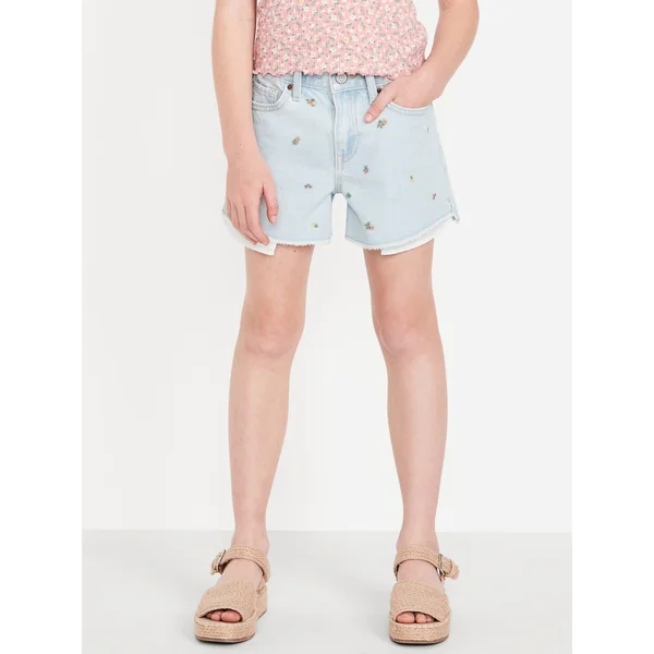 High-Waisted Embroidered Frayed-Hem Jean Shorts for Girls - Light Wash (Embroidered Flowers)