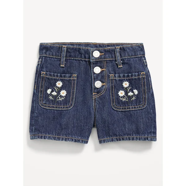 High-Waisted Embroidered Mariner Jean Shorts for Toddler Girls - Medium Wash