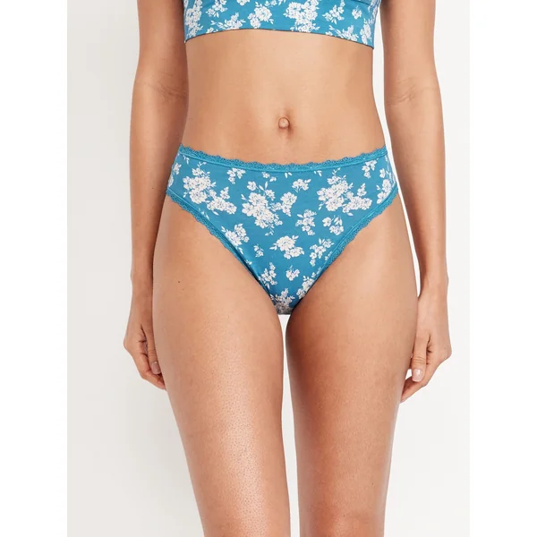 High-Waisted Lace-Trim Bikini Underwear - Blue Floral