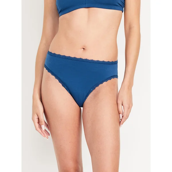 High-Waisted Lace-Trim Bikini Underwear - Navy Blue