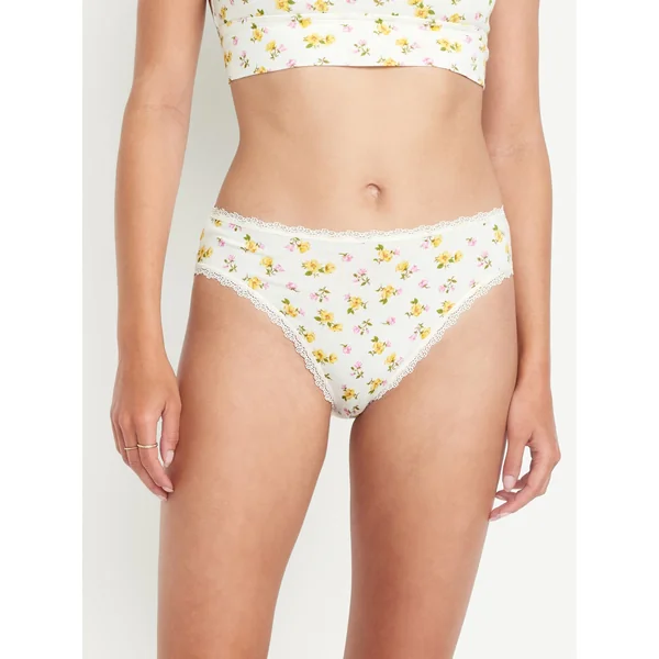 High-Waisted Lace-Trim Bikini Underwear - White Ditsy Floral